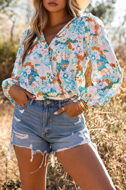 Long Sleeve Floral Print V-neck Bodysuit