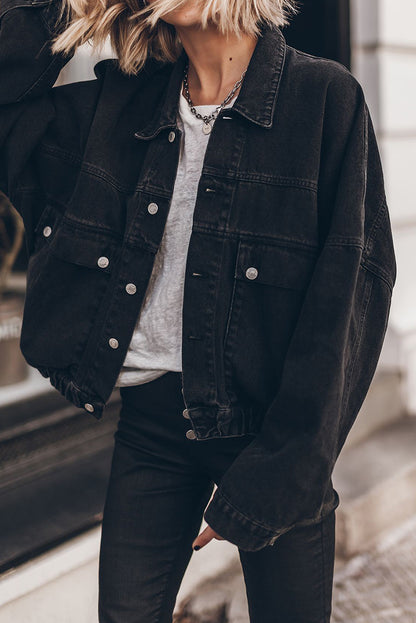 Long Sleeve Button-down Oversized Black Denim Jean Jacket