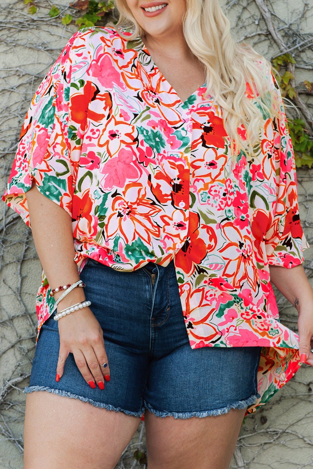 1/2 Sleeve Button- Down Floral Print Plus Size Top