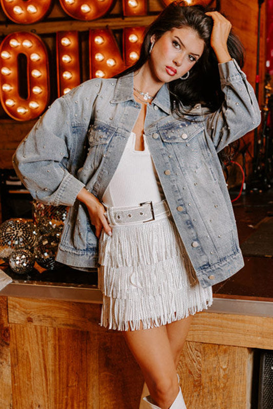 Long Sleeve Button-down Rhinestone Embellished Denim Jean Jacket