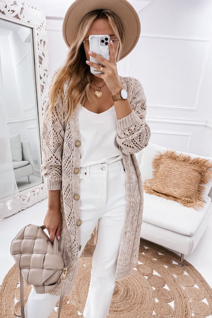 Button-down Cut-out Long Cardigan Sweater Khaki