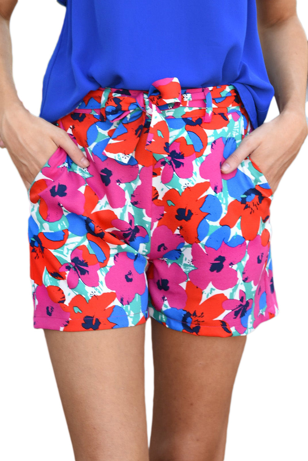 High Rise Elastic Drawstring Waist Floral Print Shorts