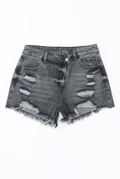 High Rise Factory Distressed Black Denim Jean Shorts