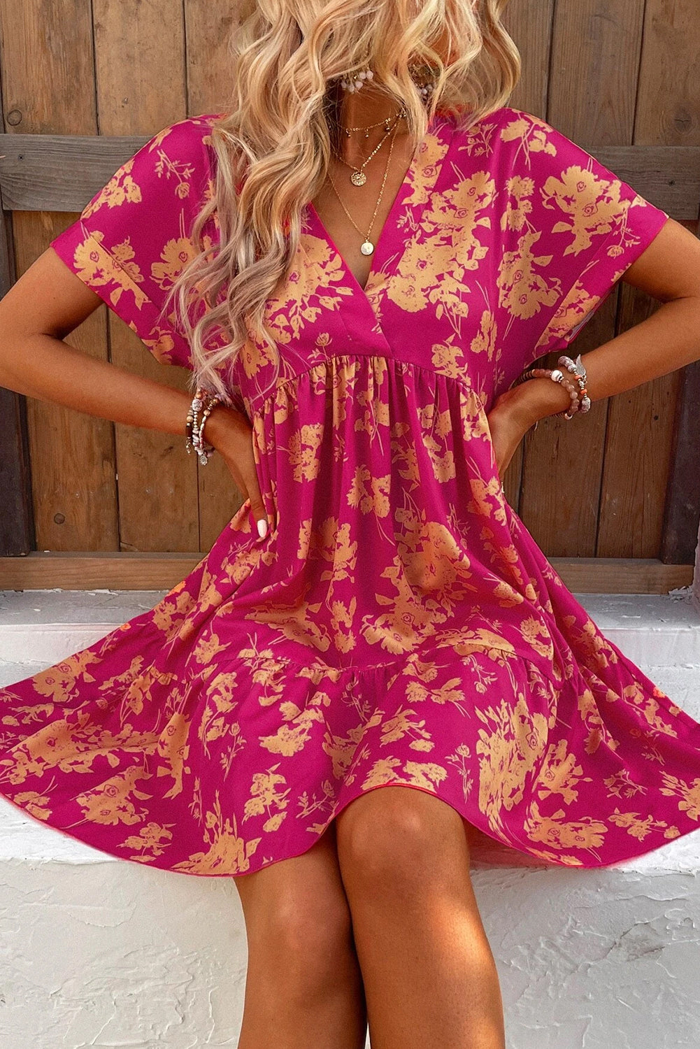 Short Sleeve Floral Print Pleated Mini Dress