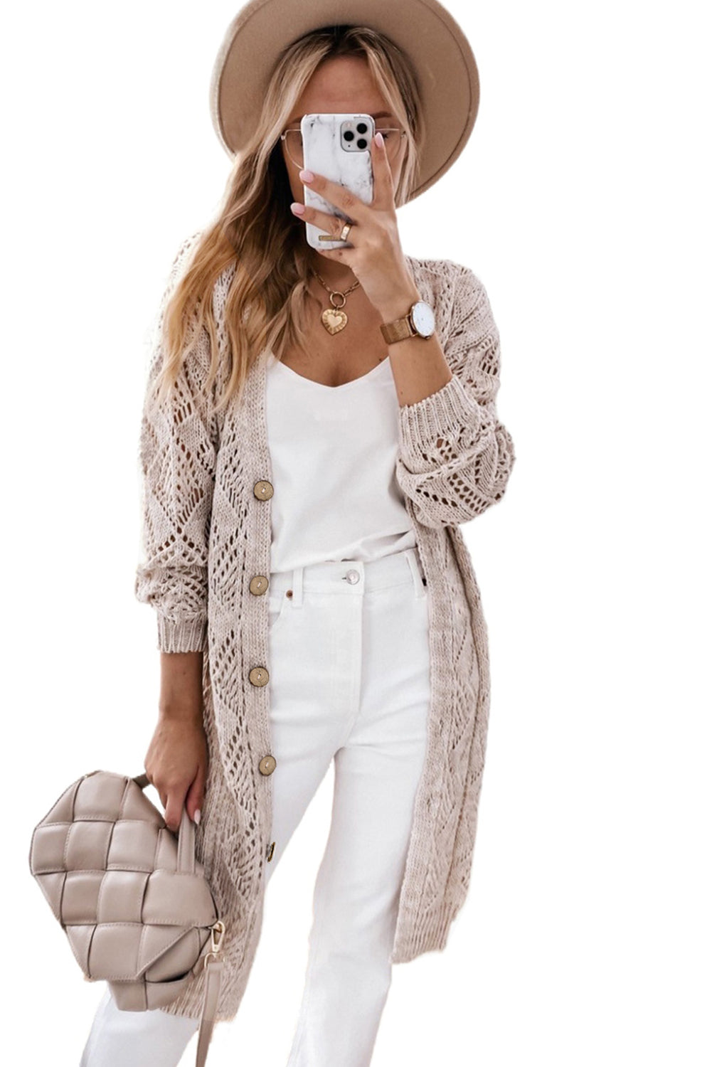 Button-down Cut-out Long Cardigan Sweater Khaki