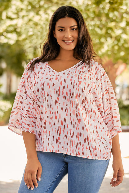 3/4 Sleeve V-neck Leopard Print Plus Size Top