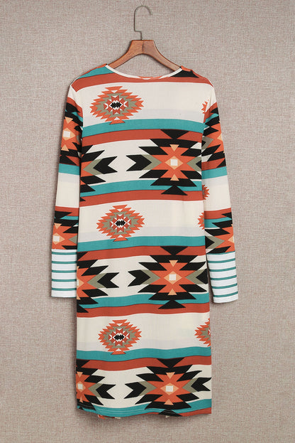 Long Sleeve Open Front Aztec Print Duster/Cardigan