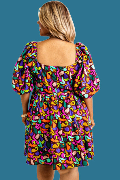 Short Sleeve Floral Print Plus Size Mini Dress