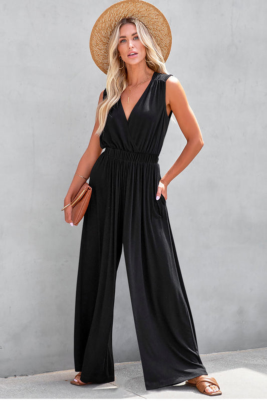 Sleeveless V-neck Wide Leg Pleated  Jumpsuit