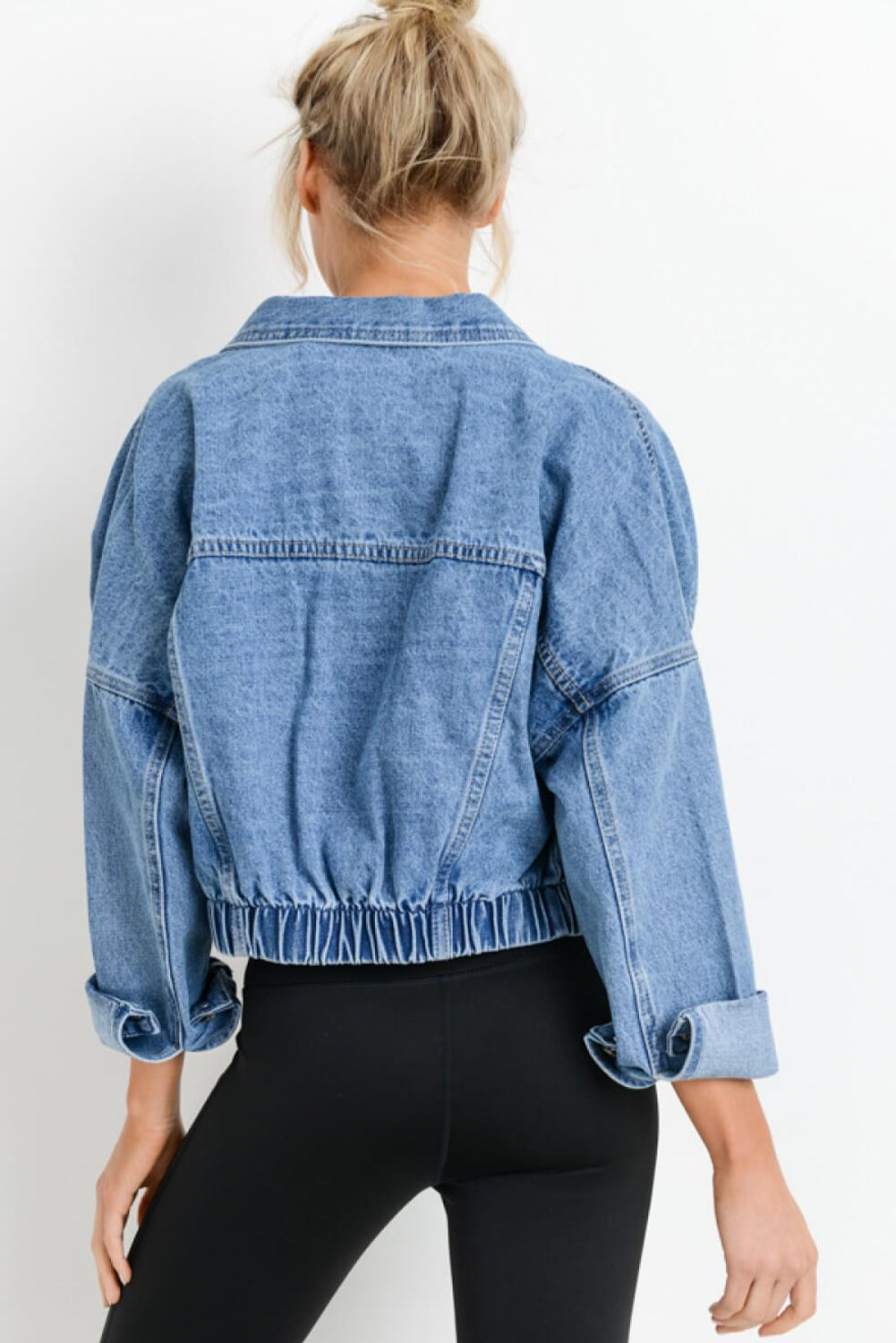 Long Sleeve Drop Shoulder Button-down Cropped Denim Blue Jean Jacket