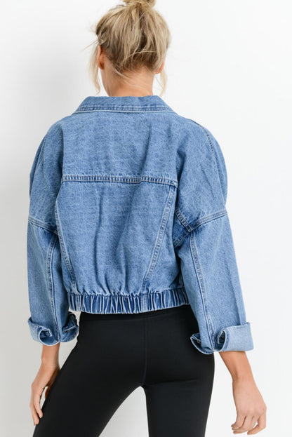 Long Sleeve Drop Shoulder Button-down Cropped Denim Blue Jean Jacket