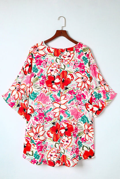 1/2 Sleeve Button- Down Floral Print Plus Size Top