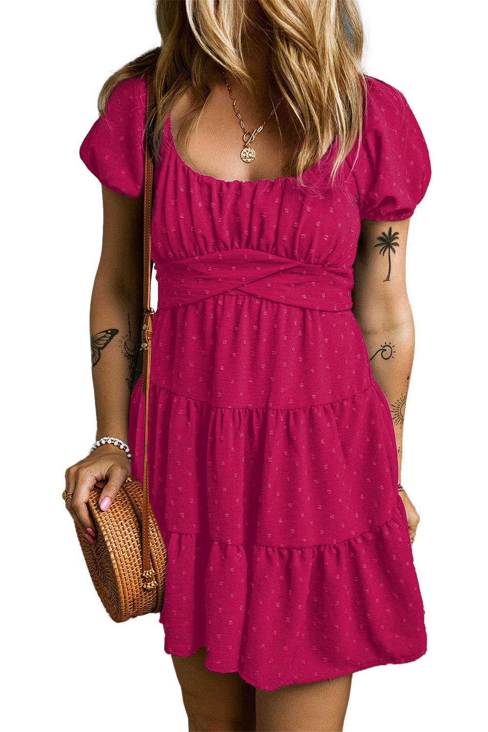 Short Sleeve Swiss Dot Pink Mini Dress