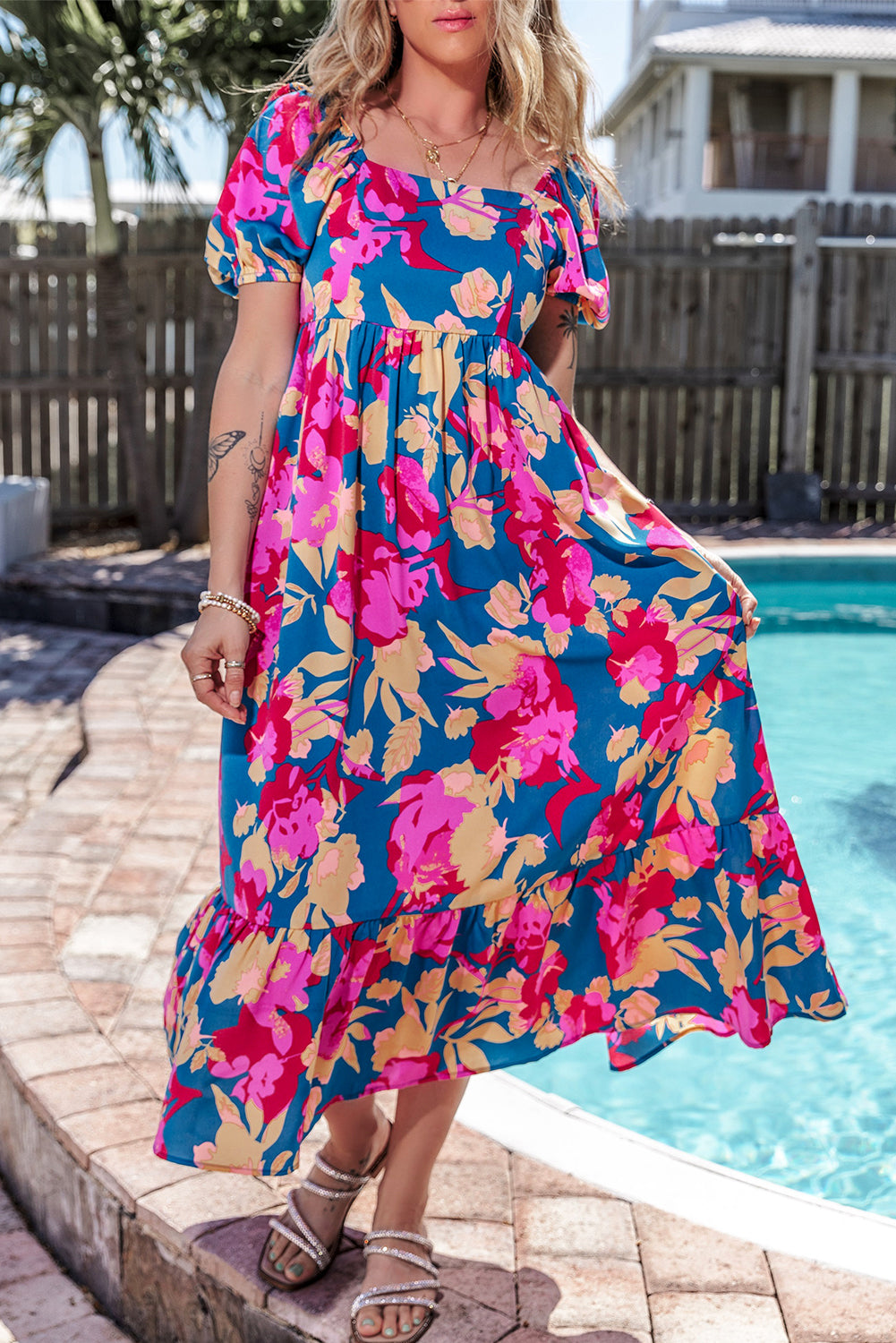 Short Sleeve Floral Print MIDI Dress