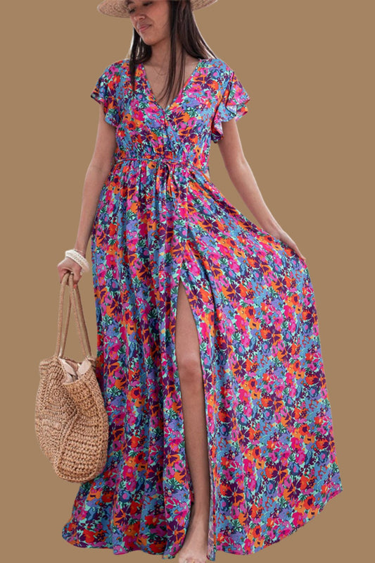 Flutter Sleeve Floral Print Wrap Maxi Dress