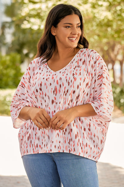 3/4 Sleeve V-neck Leopard Print Plus Size Top