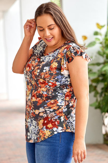 Flutter Sleeve Floral Print Plus Size Top