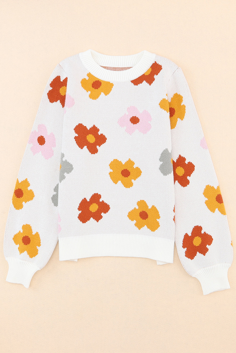 Crew Neck Relaxed Fit Sweater with Daisies