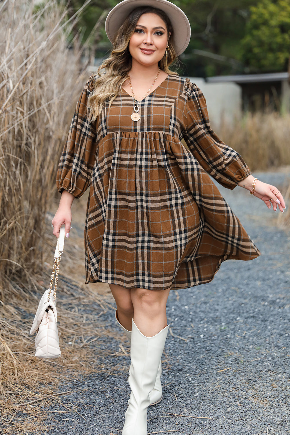 Short Sleeve V-neck Plaid Plus Size Mini Dress