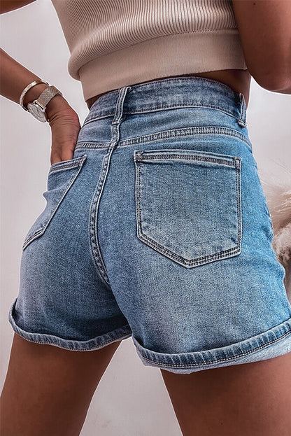 Mid-Rise Rhinestone Embellished Denim Blue Jean Shorts