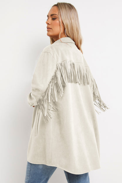 White Fringe Plus Size Suede Jacket Shacket