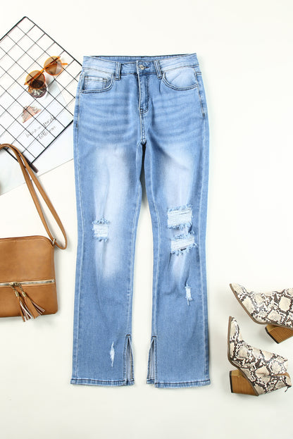 Mid Rise Straight Leg Distressed Blue Jeans