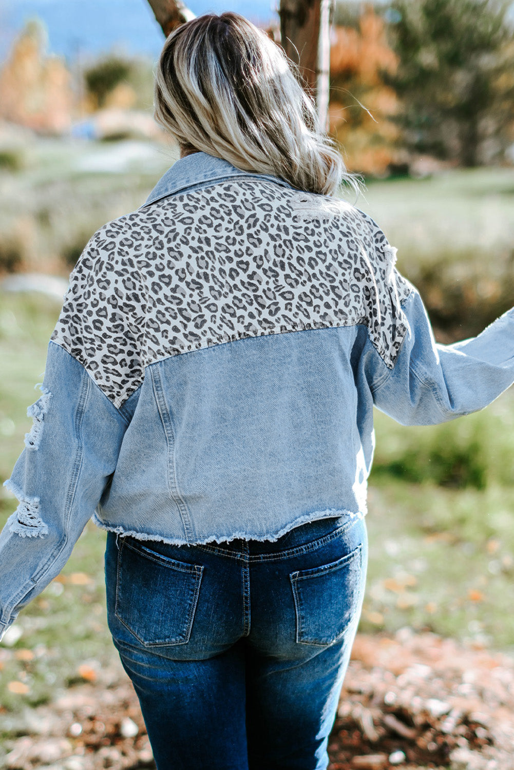 Long Sleeve Button-down Denim Leopard Print Jean Jacket