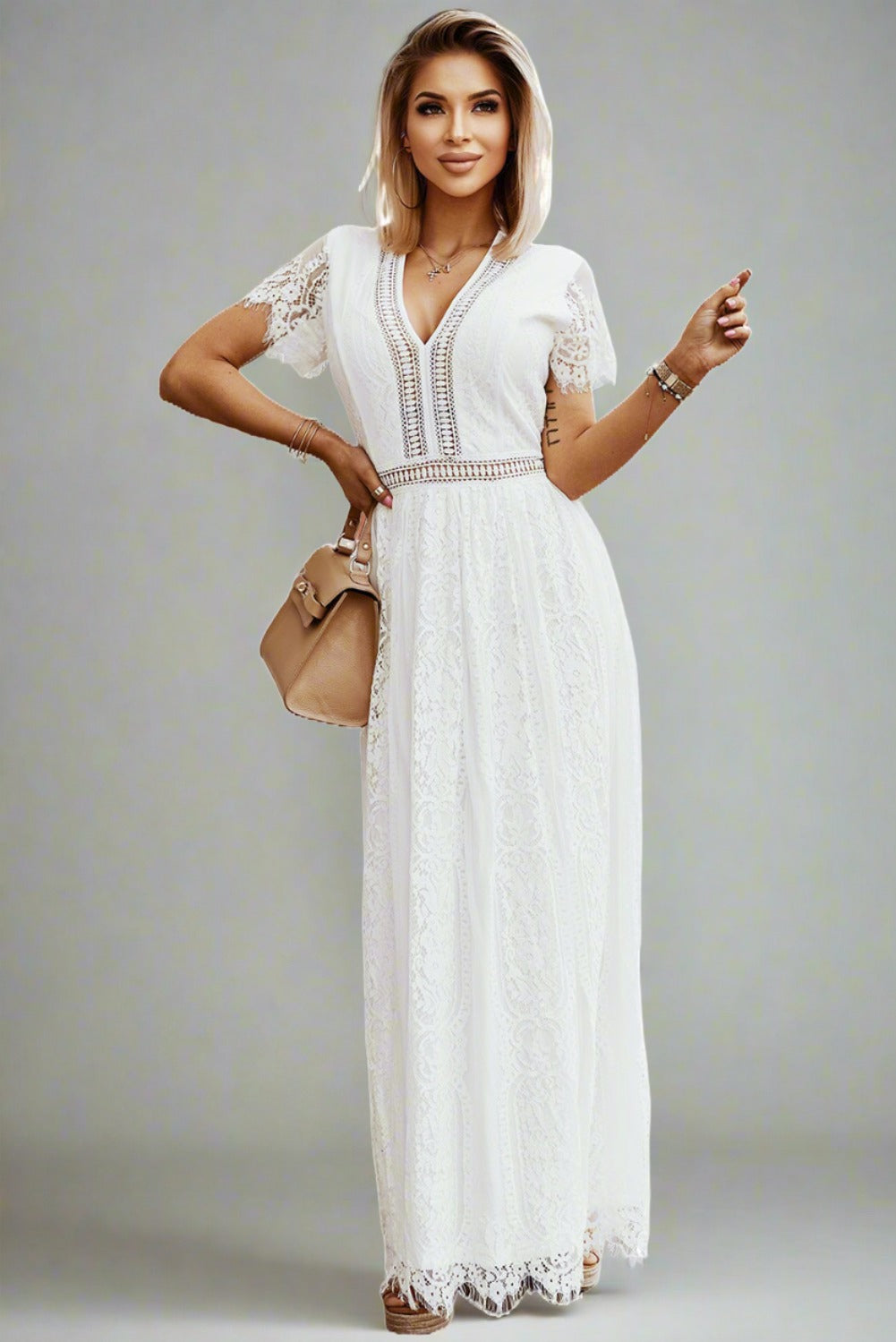 Short Sleeve Eyelash Lace White Maxi dress