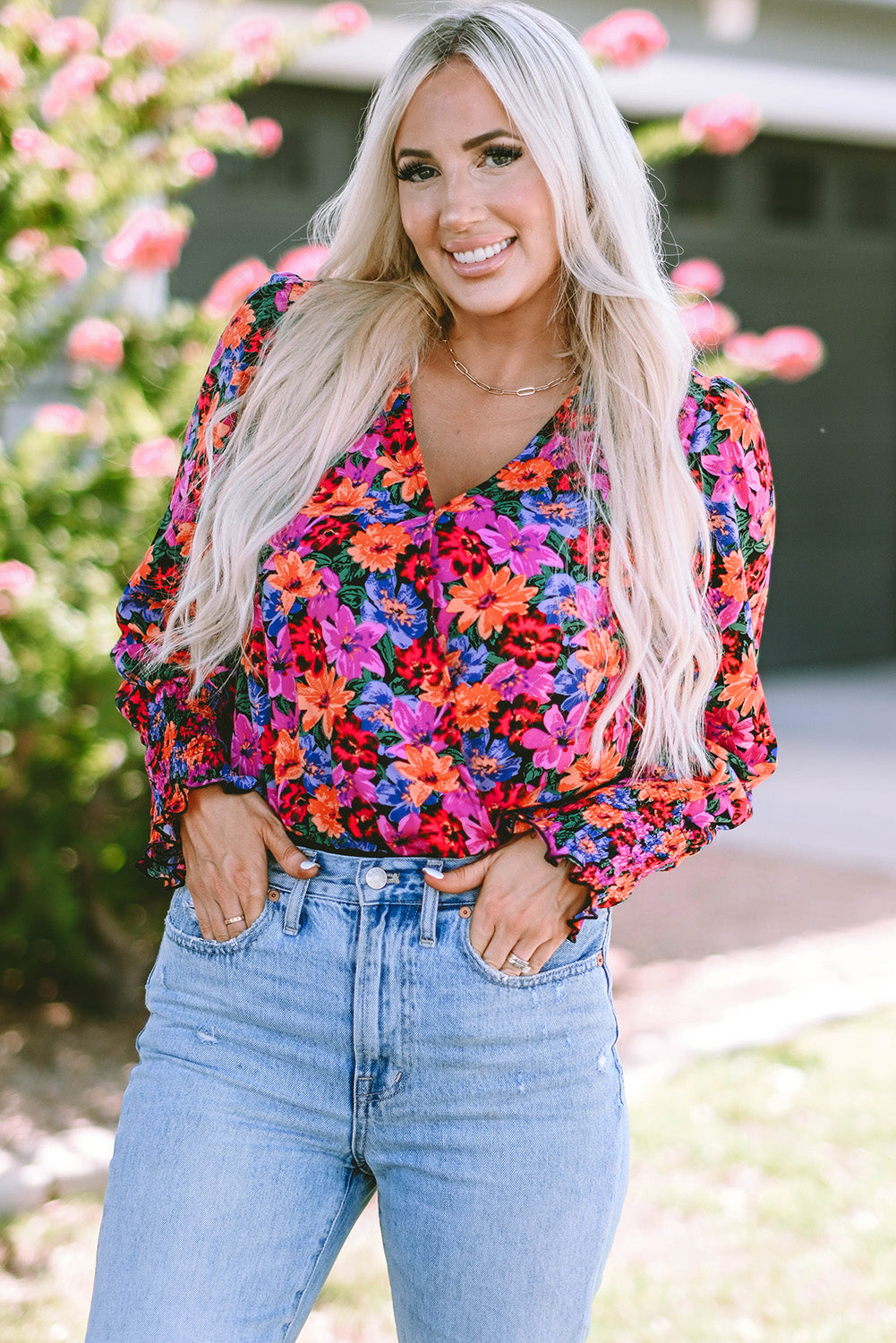 Long Sleeve Floral Print V-neck Bodysuit