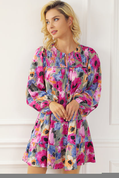 Long Sleeve V-neck Smocked Floral Print Mini Dress