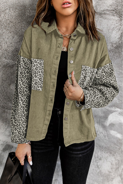 Long Sleeve Button-down Leopard Print Green Denim Jean Jacket