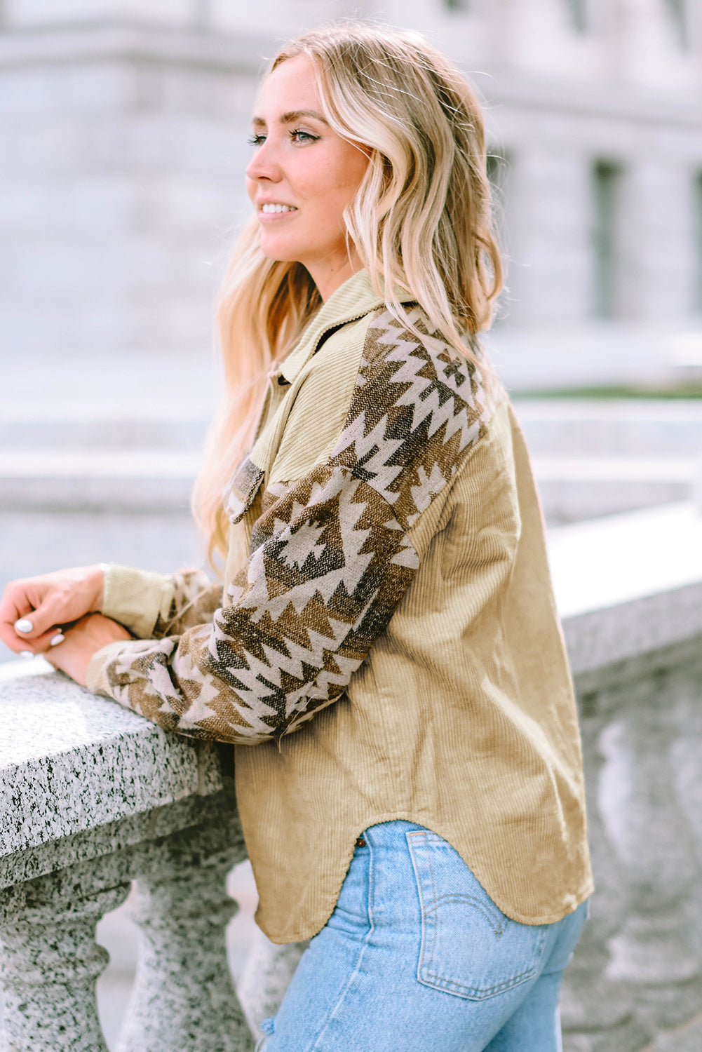 Long Sleeve Button-down Aztec Print Corduroy Jacket