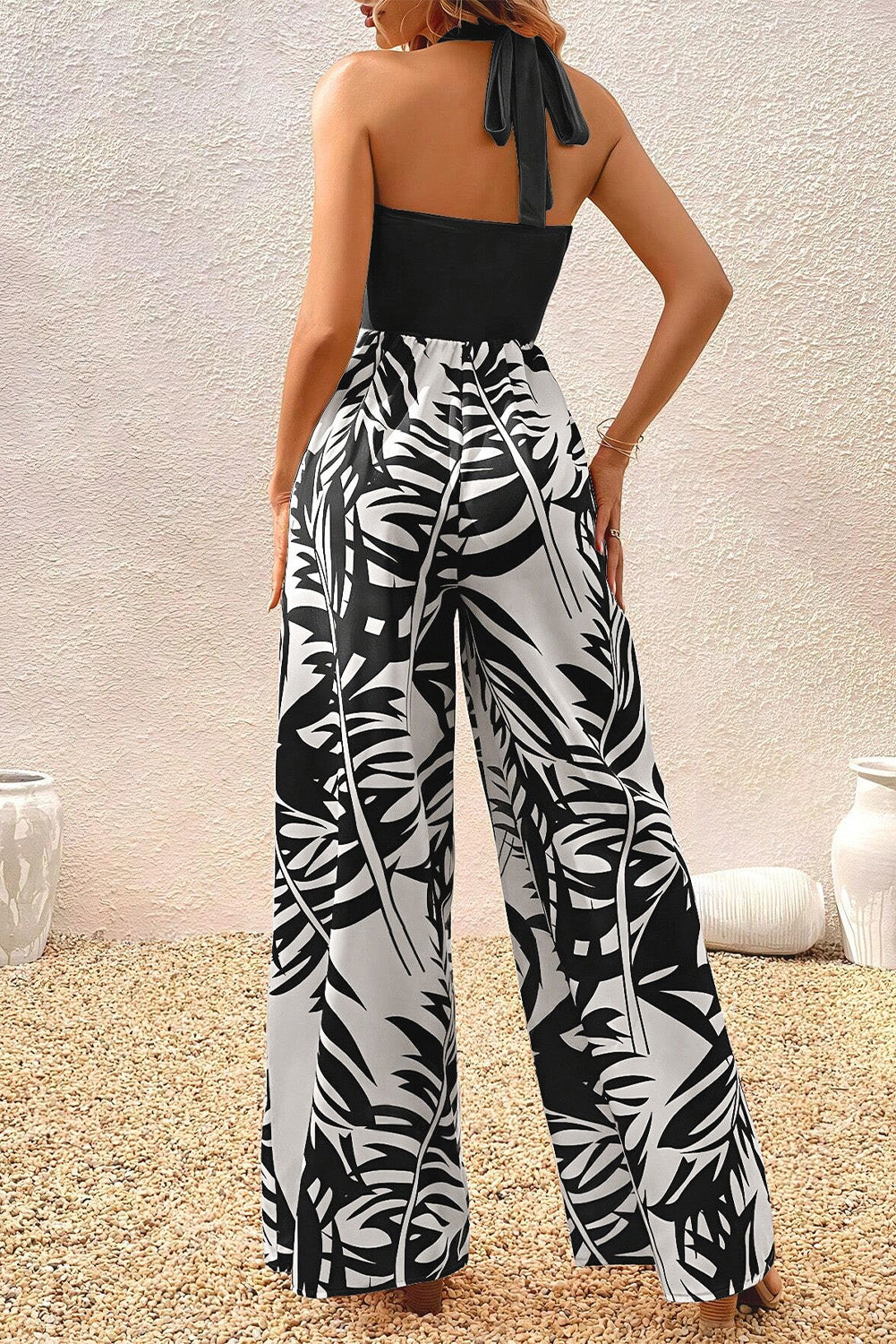 Sleeveless Wide Leg Black and White Tropical Print Jumpsuit