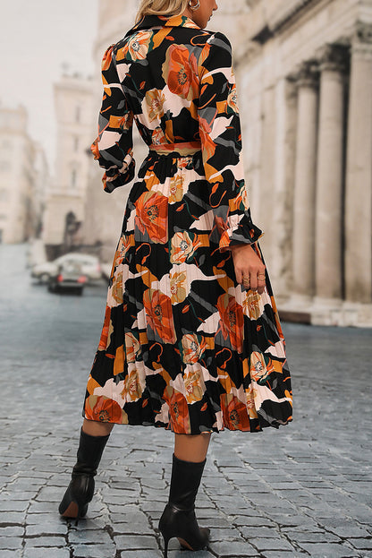 Long Sleeve Button-down Floral Print Shirt Dress