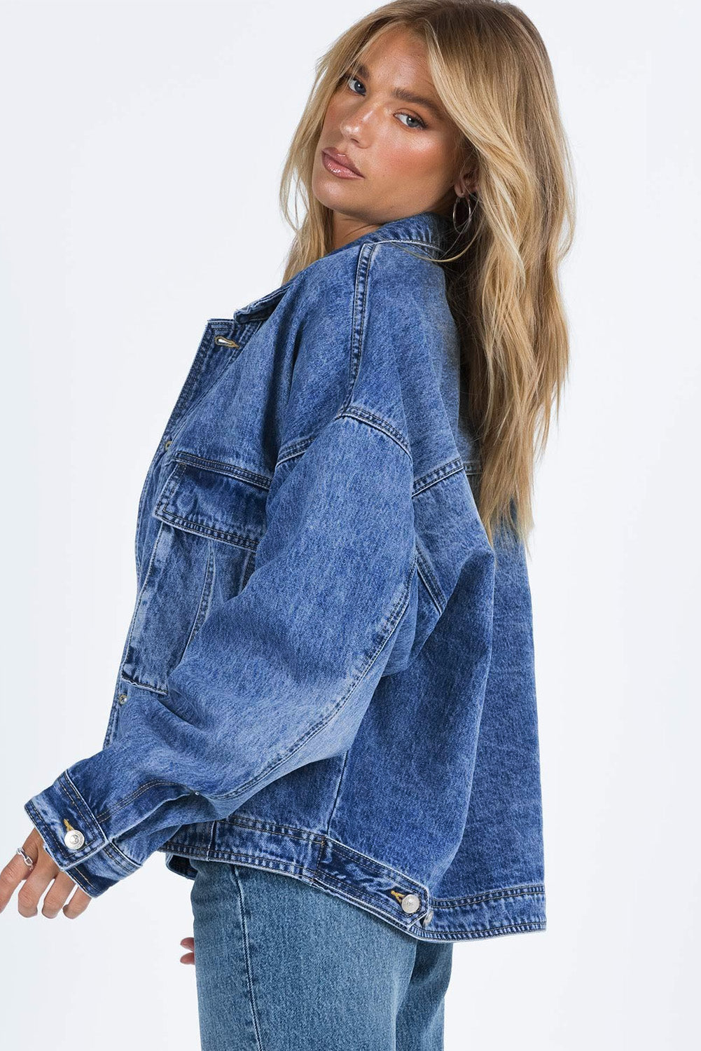 Long Sleeve Button-down Oversized Denim Blue Jean Jacket