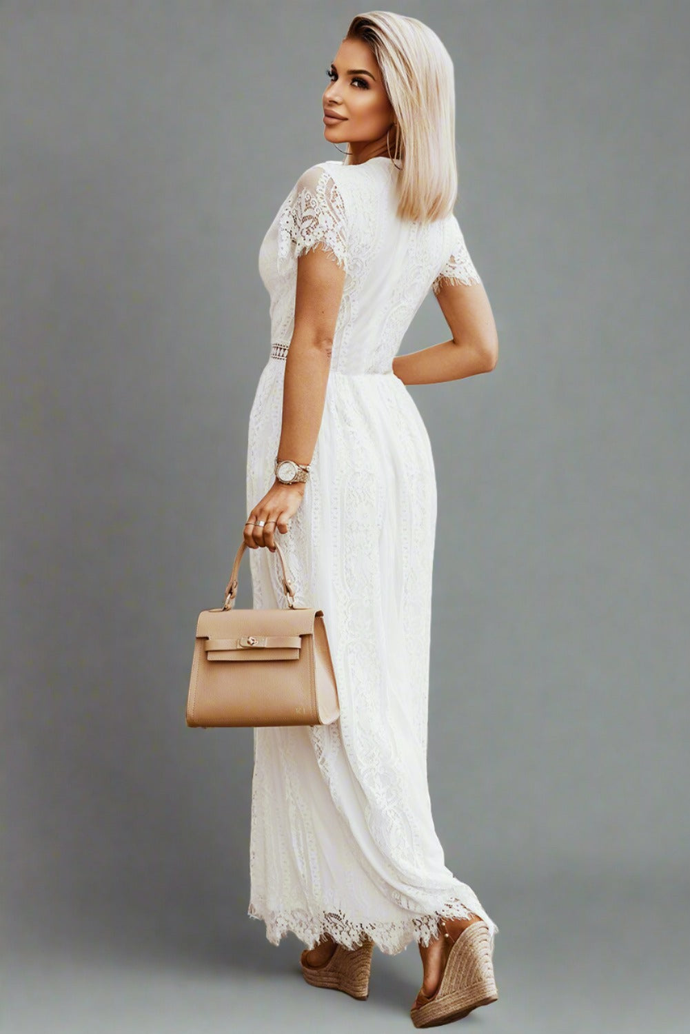 Short Sleeve Eyelash Lace White Maxi dress