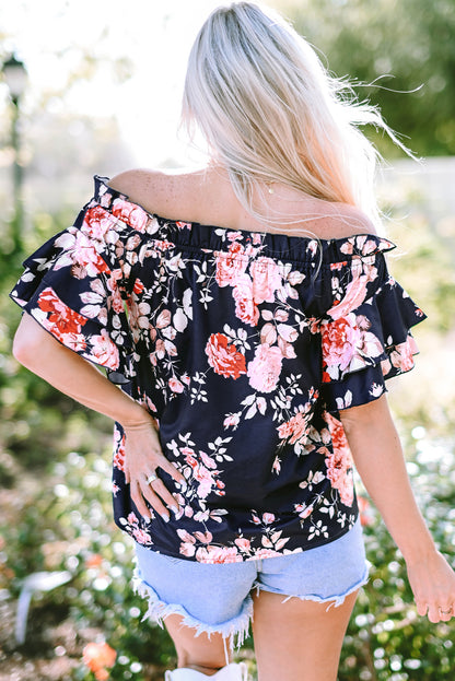 Short Sleeve Off Shoulder Floral Print Blouse