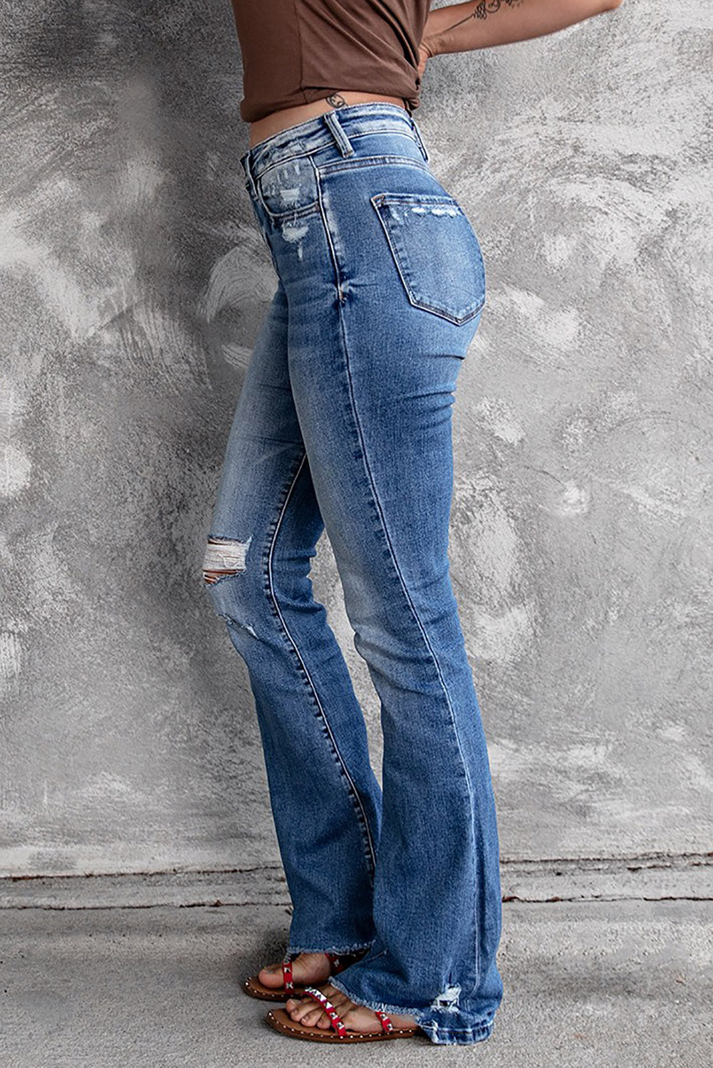 Mid-Rise Factory Distressed Denim Blue Jeans