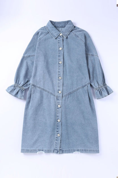 1/2 Sleeve Button-down Denim Blue Jean Mini Dress