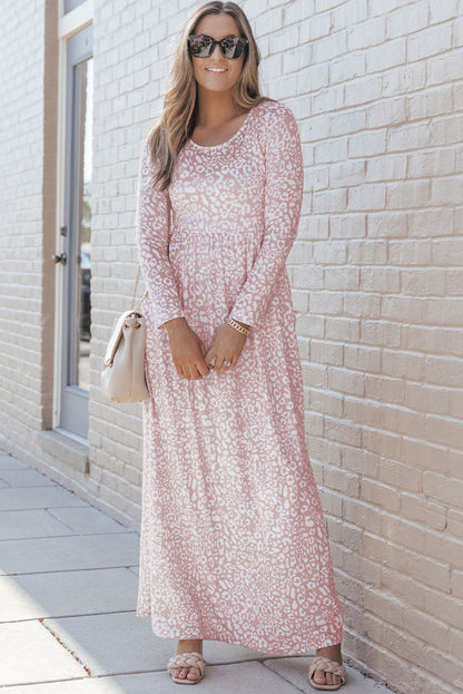 Long Sleeve Leopard Print Pink Maxi Dress