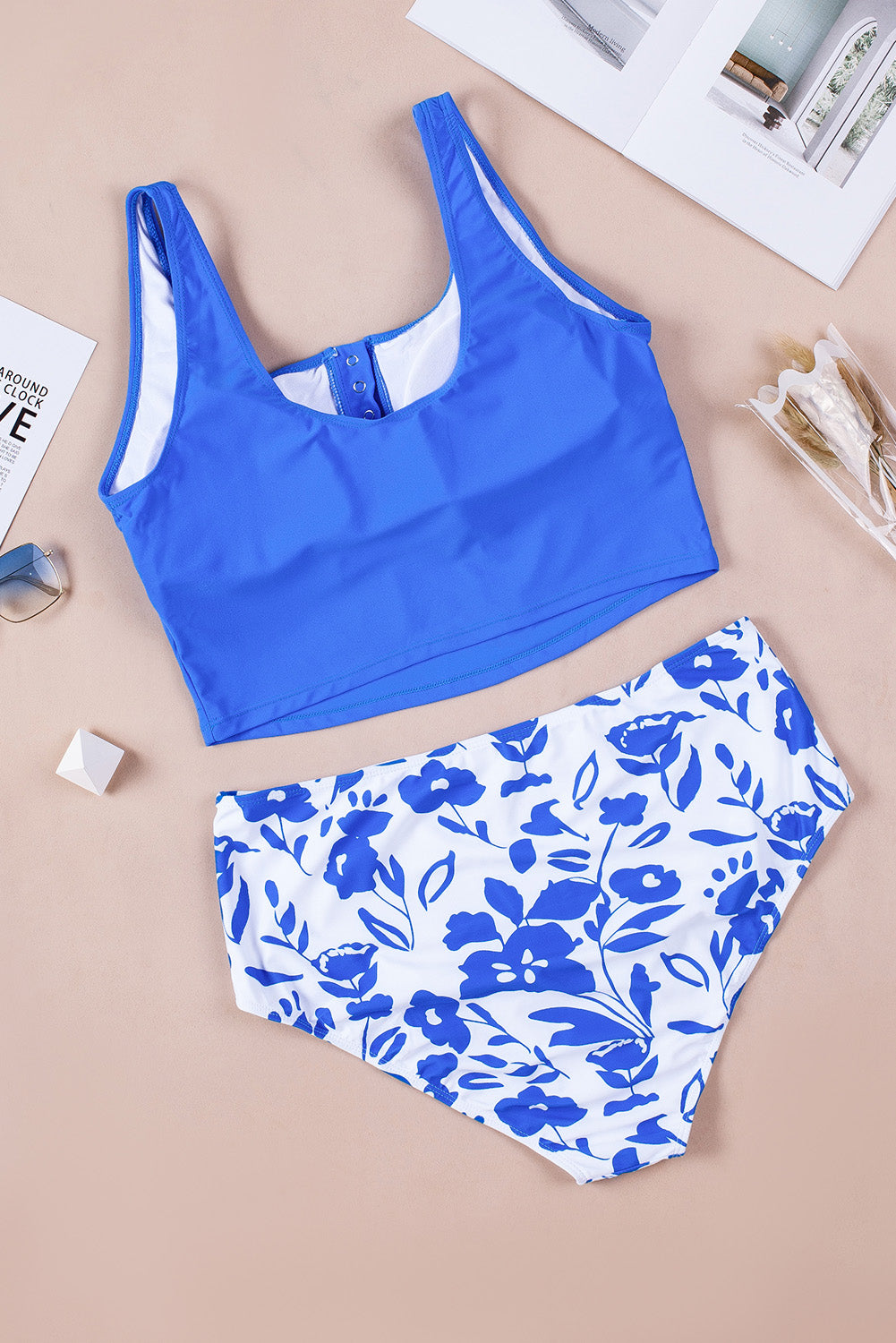 Two-piece Solid Top Blue Tankini Swimsuit