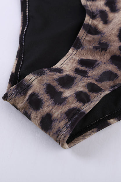 One-Piece Leopard Print Zip Front Long Sleeve Swimsuit