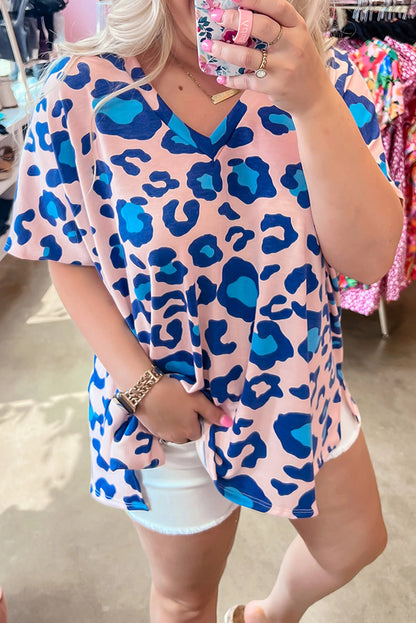 Short Sleeve Leopard Print V-neck Top