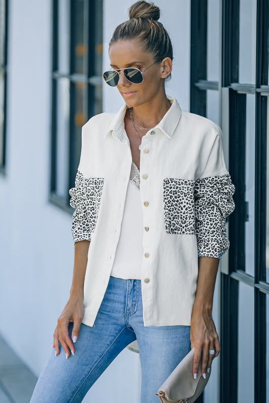 Long Sleeve Button-down Leopard Print White Denim Jean Jacket