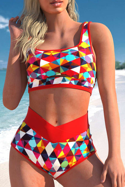 Two-piece High Waist Geometric Print Swimsuit