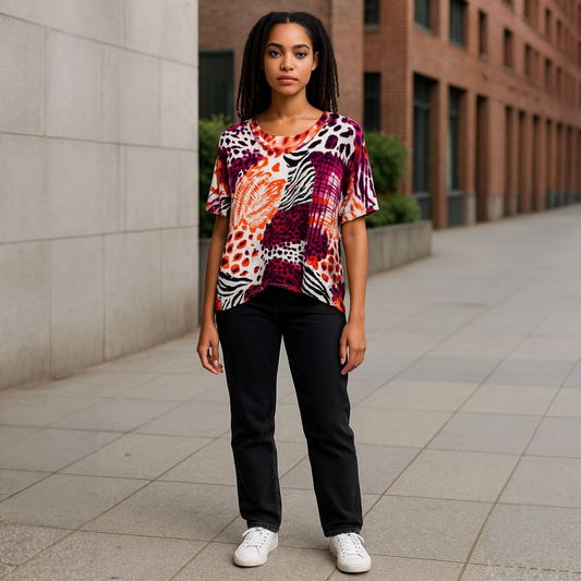 Ruby Rd. Vibrant Purple and Orange Animal Print Top