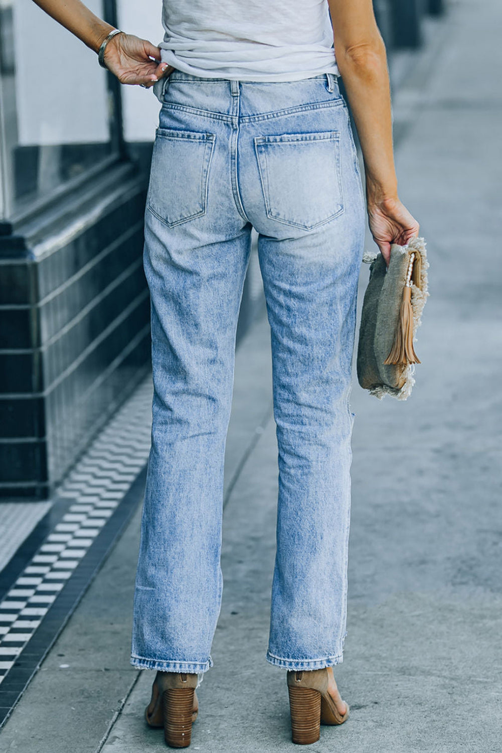 Mid Rise Straight Leg Distressed Blue Jeans