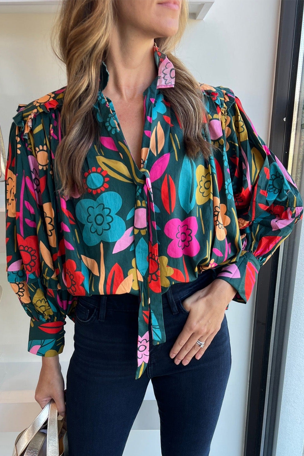 Long Sleeve Split V-neck Floral Print Top