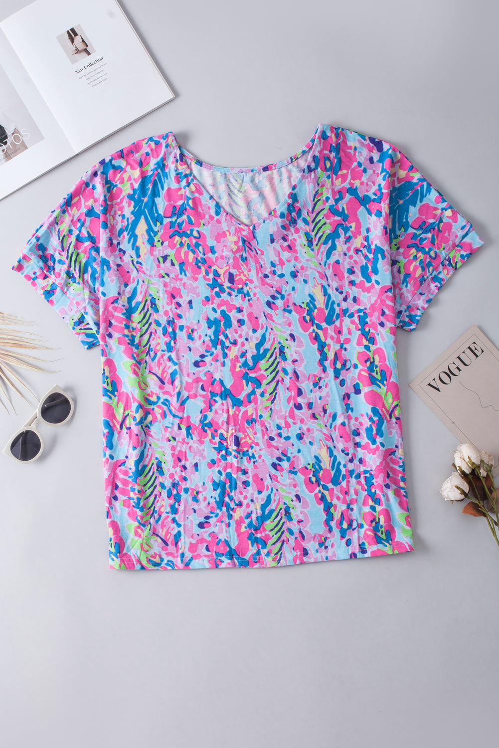 Short Sleeve V-Neck Floral Print Top