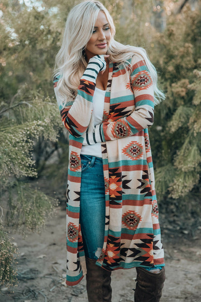 Long Sleeve Open Front Aztec Print Duster/Cardigan